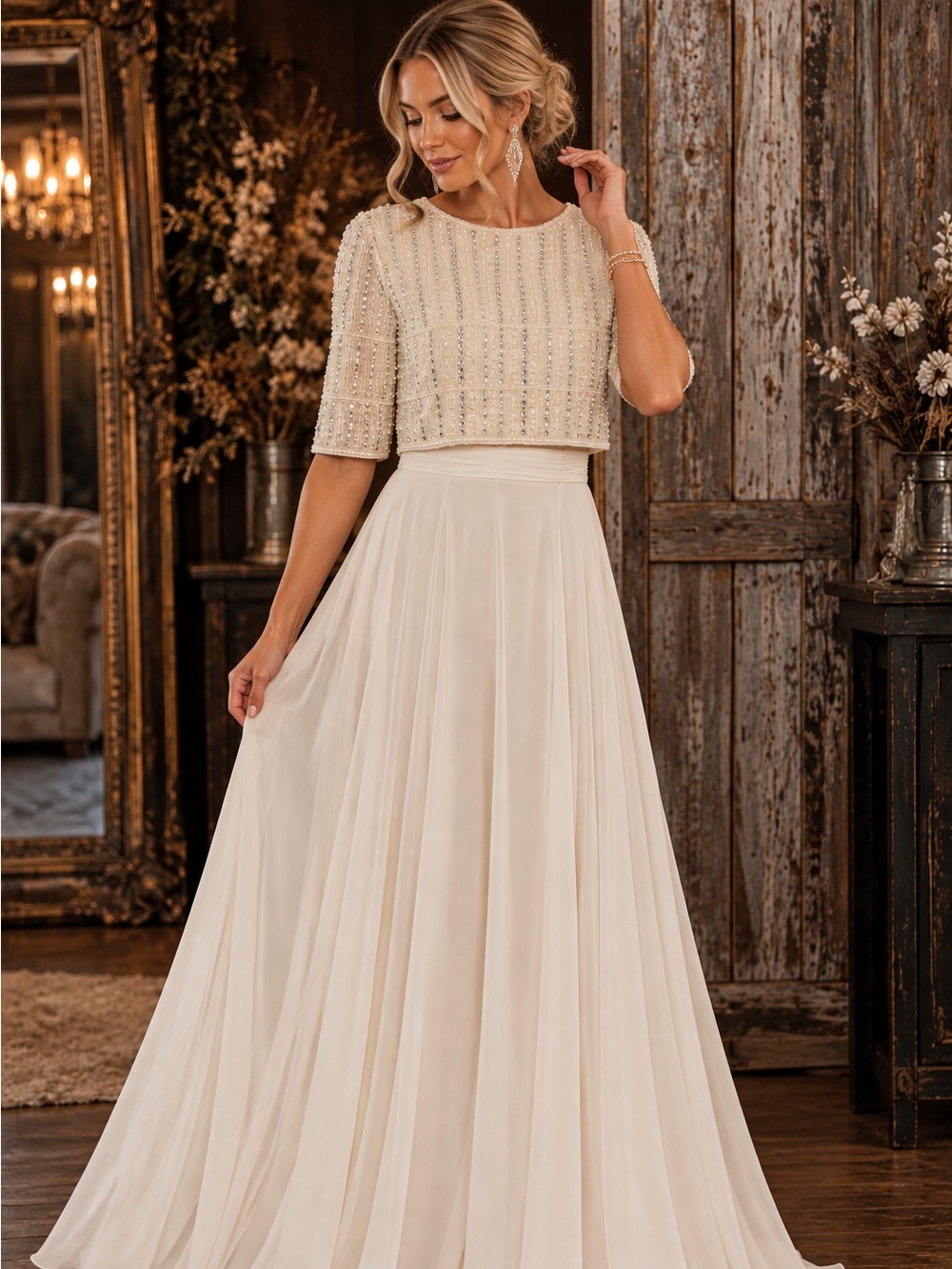 Mac Duggal Ivory Beaded Sequin Chiffon Gown Size 6 NWT Formal Evening Dress